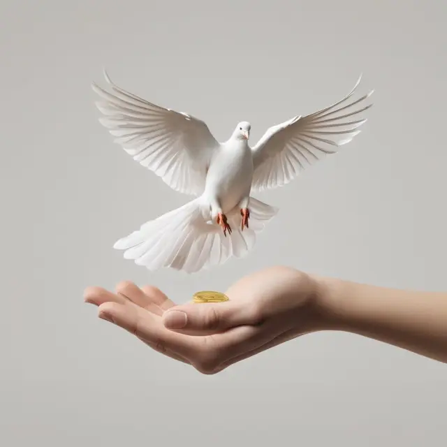 Image of a hand releasing a dove carrying a gold coin, representing unilateral transfer acts of generosity and kindness.