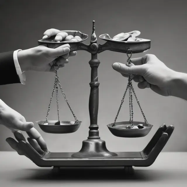 Two hands exchanging scales, symbolizing foreign aid and recipient nations, striving for balance between self-reliance and dependence.