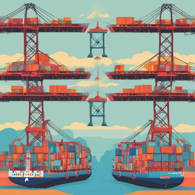 Two stylized scales representing the economies of two nations exchanging goods and services
