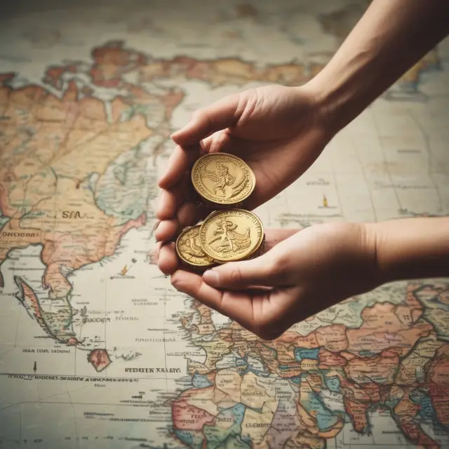 A golden hand dispersing coins over a world map, symbolizing unilateral transfers and international aid