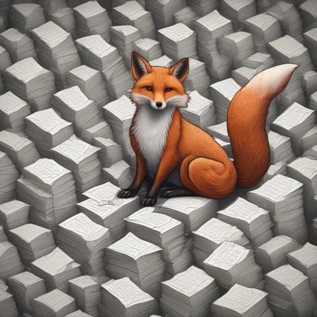 Intelligence fox with confidential papers in a labyrinth, emphasizing trade secret security