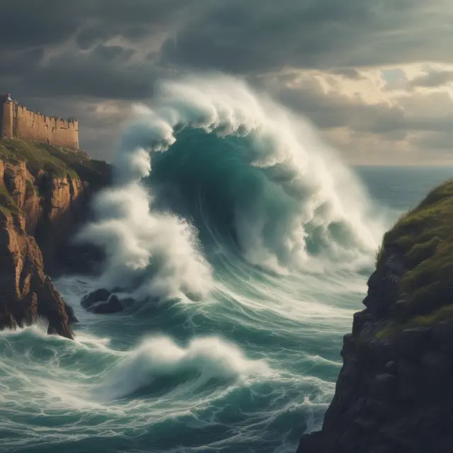 A giant pandemic wave engulfs a cliffside depicting insurers and businesses facing unprecedented challenges