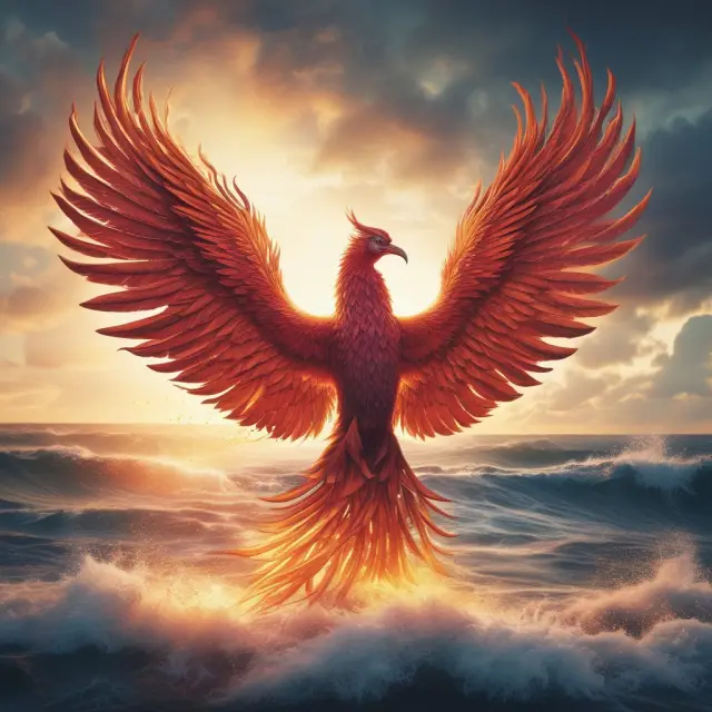 A mythical Phoenix rises above the turbulent waters, symbolizing resilience amidst emerging risks and trends in managing uninsurable perils.