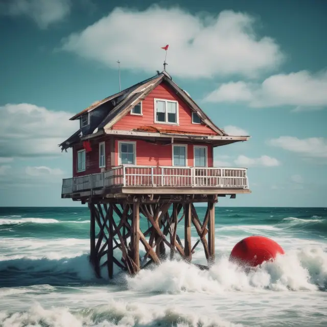 An old house sits atop an ocean of insurability challenges. A lifeguard tower stands nearby, symbolizing FHA loans as potential solutions.