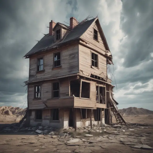An image depicting a house in need of repair, with structural issues emphasized, illustrating the process of restoring an uninsurable property.