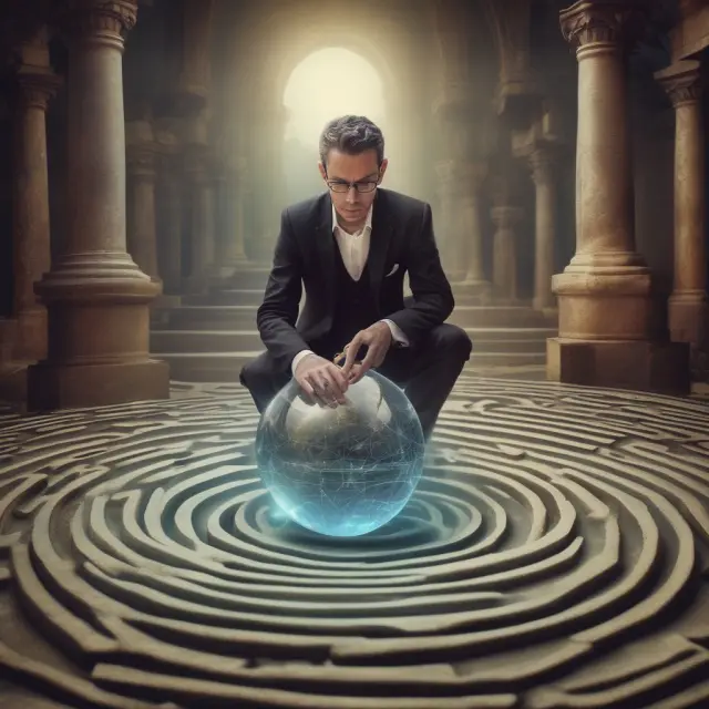 A businessman, represented by a knight, is seen navigating a maze filled with abstract and intangible risks. He seeks guidance from an oracle holding a crystal ball.