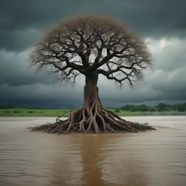 A tree takes root in flooded waters while crops wilt, symbolizing government assistance programs bridging the gap for uninsurable risks such as flood insurance and high-risk coverage.