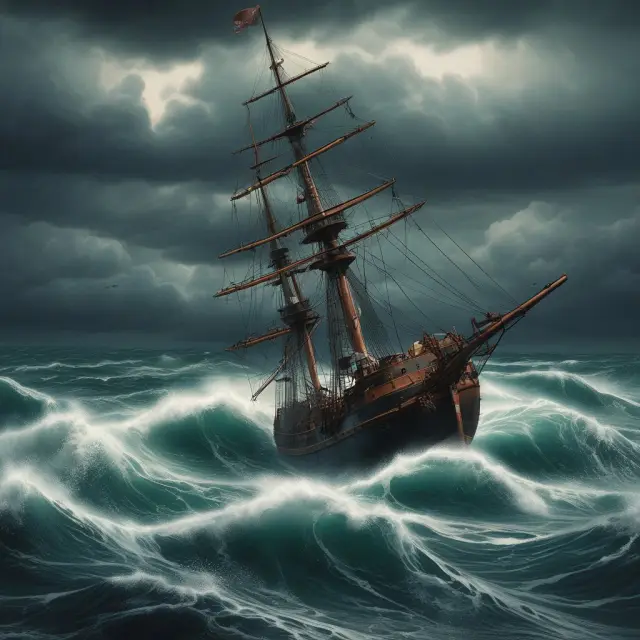 A group of ships navigating unpredictable waters, symbolizing companies managing uninsurable risks through innovation.