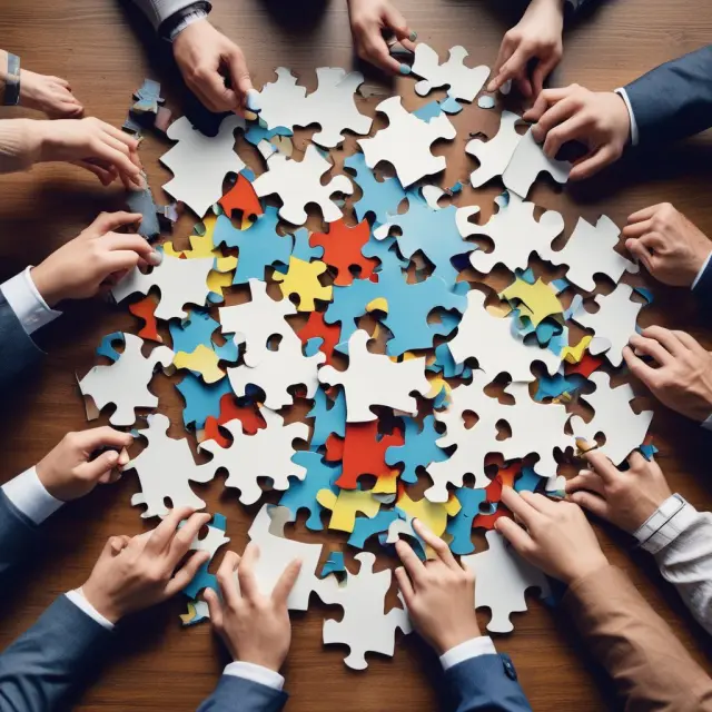 A group of government officials working together to create insurance policies for uninsurable risks using a jigsaw puzzle, representing the complexity of regulatory compliance.