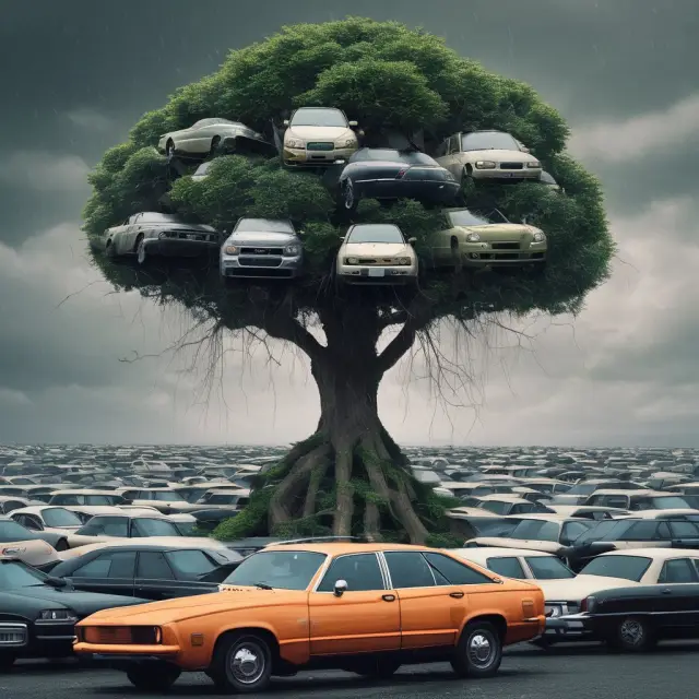 An image of a tree with a shield around it standing tall amidst stormy waters and uninsured vehicles passing by