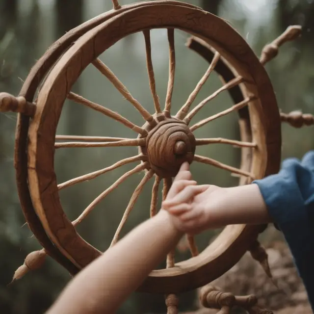 An elderly person guiding a child