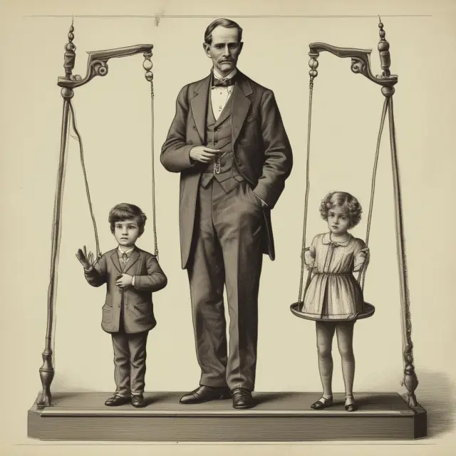 An adult weighing the actions of a child on one scale against their age and maturity on the other, symbolizing parental liability in unintentional tort cases.
