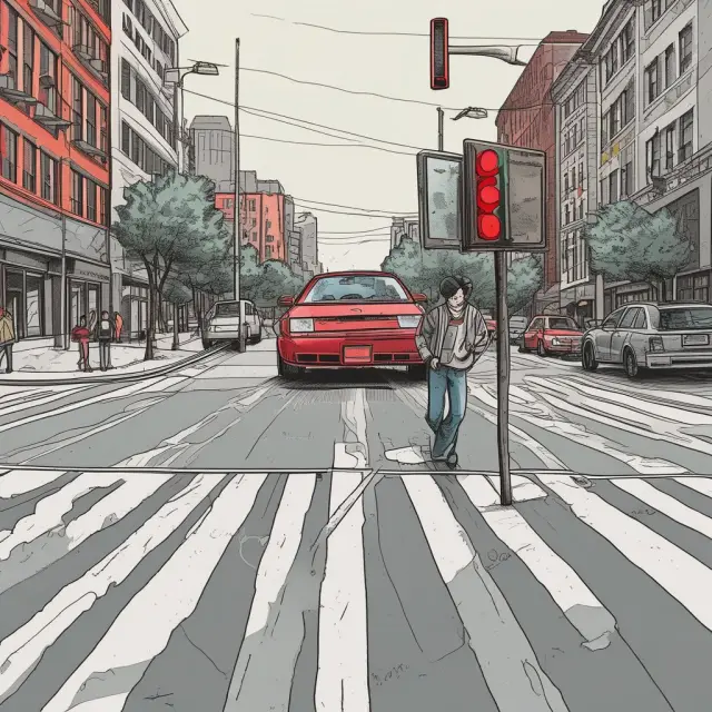 An image of a car inadvertently hitting a pedestrian at a red light intersection due to negligence