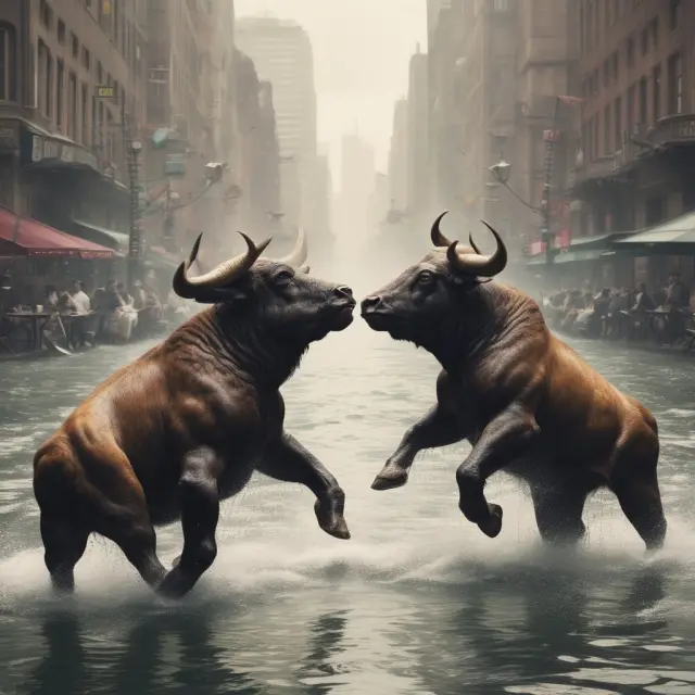 Two forces of bulls and bears engaging in the formation of a rare three-river candlestick pattern, representing potential market sentiment reversals.