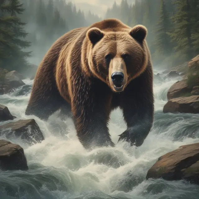 A metaphorical representation of the three river candlestick pattern, where bears and bulls wage a psychological battle for market control