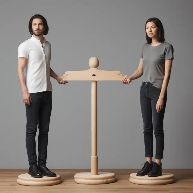 A balanced scale teeters between two hands labeled 