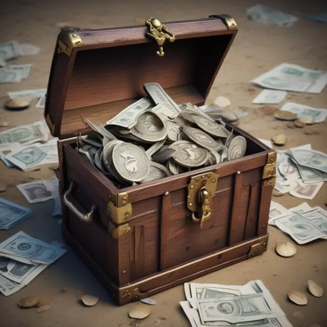 An ancient wooden chest filled with gold coins and unissued stock certificates, representing the uncertainty and potential risk to current shareholders