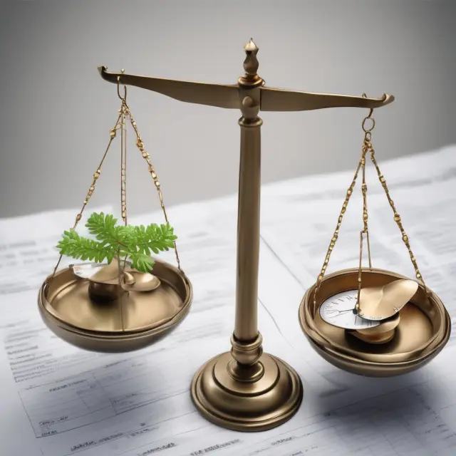 An image of a balance scale with one pan displaying an open insurance policy and the other featuring a graph of a stock market.