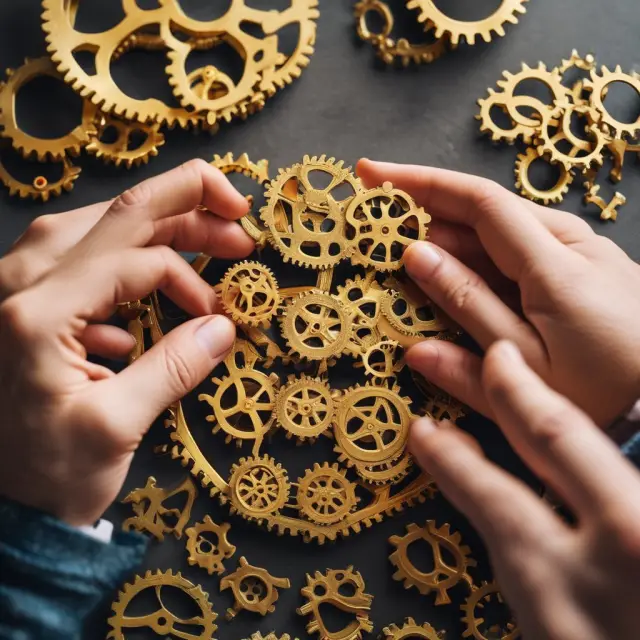 Two hands forming a golden pension plan while manipulating intricate gear system, representing the unit benefit formula for defined benefit plans.