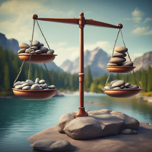 Fixed costs depicted as stable rocks on a scale, while variable costs represented as flowing water in the background