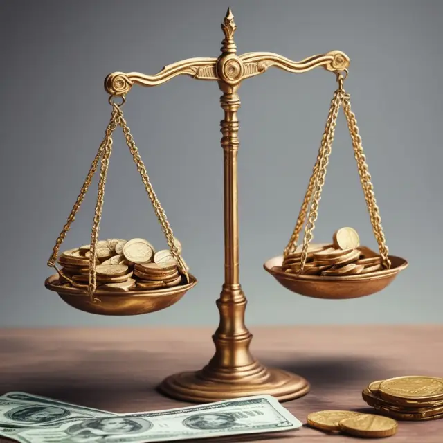 Gold scales balance costs (coins) against sales revenue (dollar bills), indicating efficient business management.