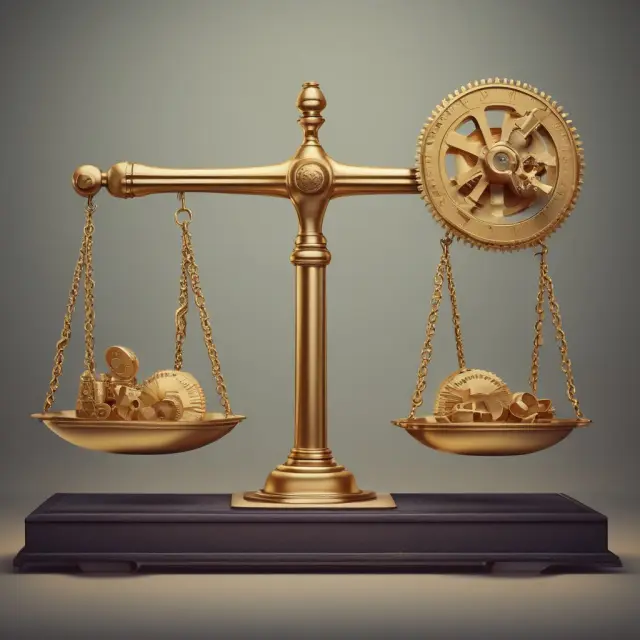 A golden scale balanced between gold coins (unit costs) and intricate gears (production processes), emphasizing their interconnected role in financial efficiency.