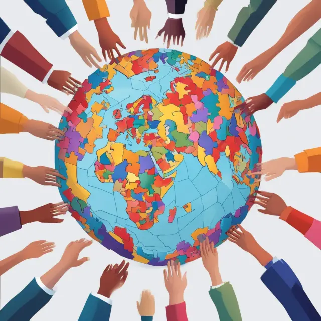 A globe composed of various puzzle pieces representing countries connected by intertwined hands, symbolizing UNCITRAL