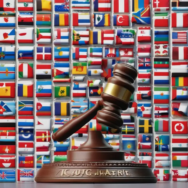 A mosaic of international flags surrounding the UNCITRAL gavel, representing various countries adopting UNCITRAL