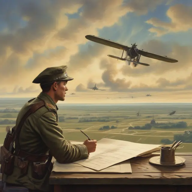 A WWI pilot in flight gear pens the birth of USAIG on parchment atop a bustling 1920s airfield
