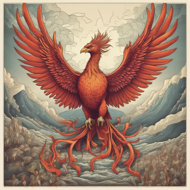 A mythical phoenix emerging from the ashes, surrounded by various insurance logos