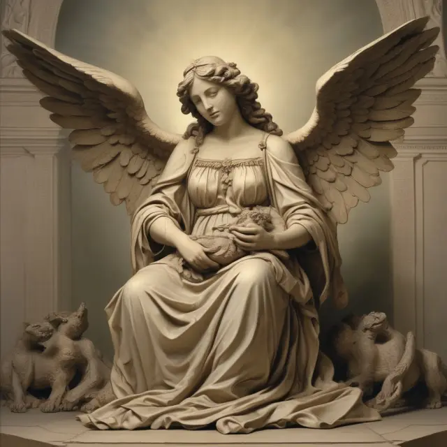 An angel cradles the hearts of soldiers, representing USGLI and its support for military personnel