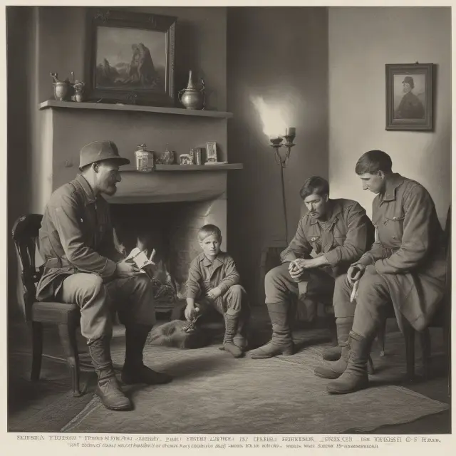 Two soldiers in uniforms - one standing on battlefield, the other by fireplace. Families gathered around a photo, emphasizing USGLI