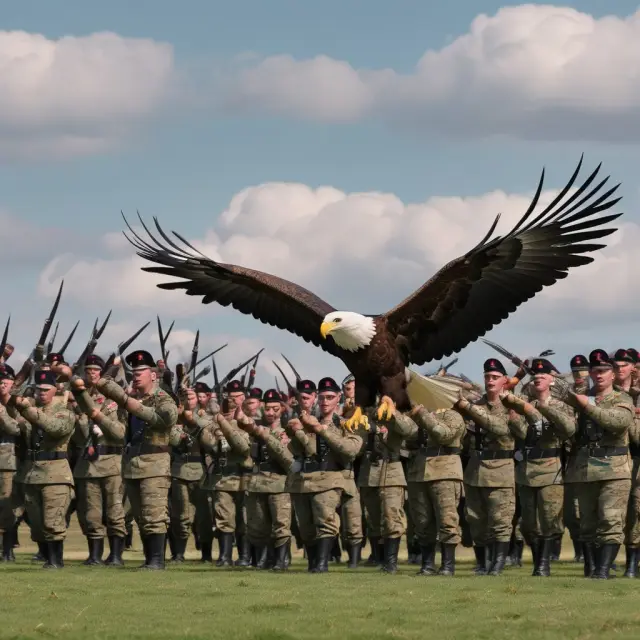 An eagle in flight, with soldiers below, representing USGLI