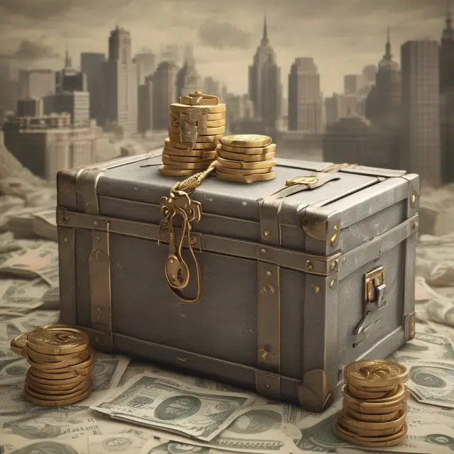 A group of wise investors guarding a treasure chest filled with U.S. government securities, symbolizing stable investments and financial security.