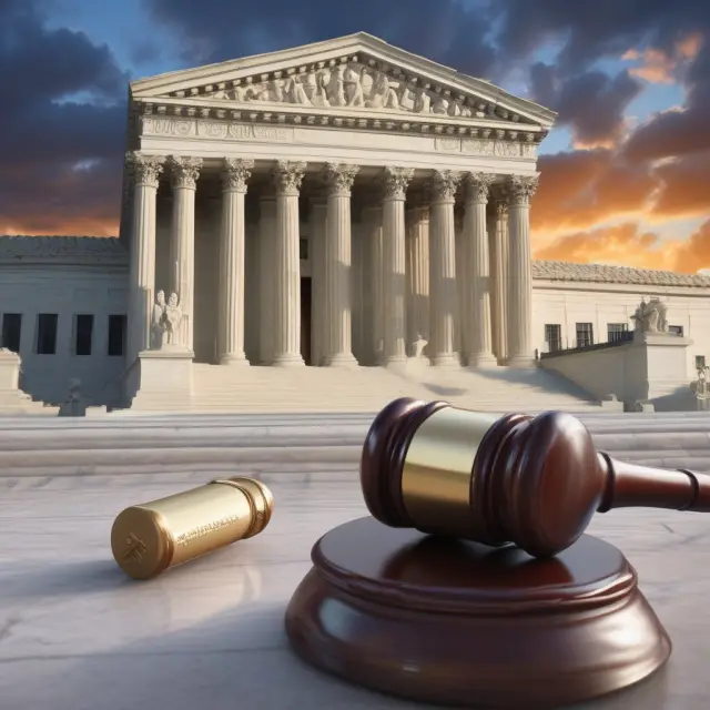 A gavel representing the U.S. Supreme Court in action, shaping the interstate insurance market with a river of change flowing beneath
