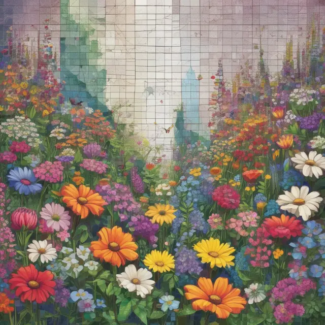 A lush garden filled with various flowers representing asset classes in full bloom among interwoven stock market charts