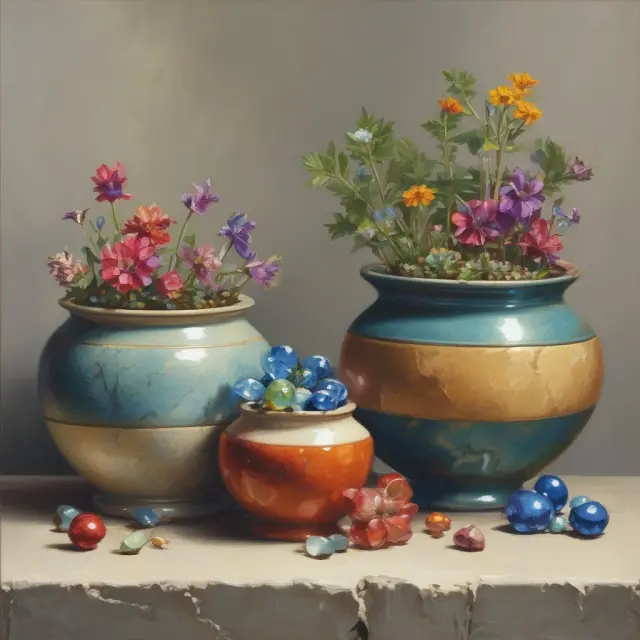 Three endowment pots displaying precious stones for True, Quasi, and Term Endowments on a garden table