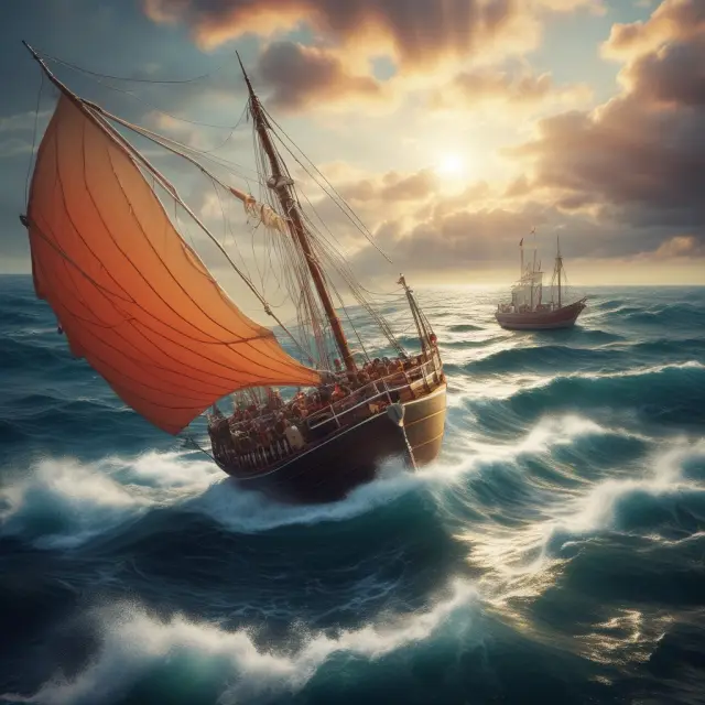 Endowment funds in boats, symbolizing individual institutions, sailing together on a shared sea of investment opportunities, with unitized investments represented as interconnected lifeboats