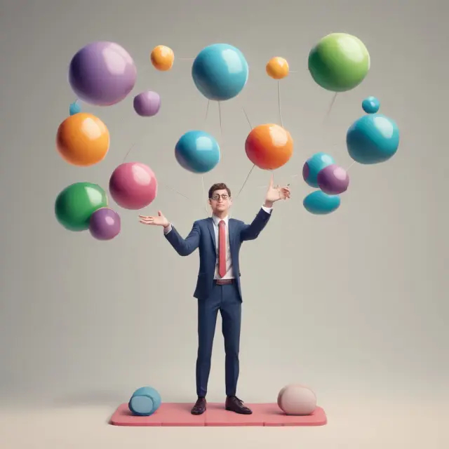 A juggler skillfully balances a variety of balls representing unitized funds (pooled assets) and mainstream investments (stocks, ETFs) to illustrate effective portfolio management.