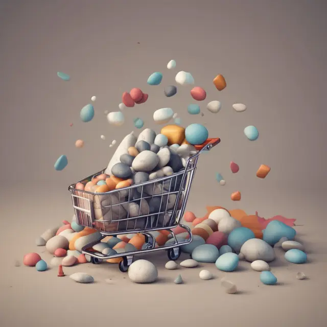 Shopping cart overflowing with items; each transaction symbolized as a pebble, illustrating the significance of units per transaction in retail sales growth.