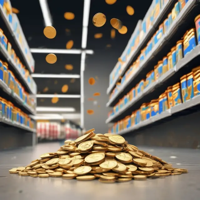 Image of a bustling Walmart store with gold coins cascading from each transaction, symbolizing the positive impact of UPT (Units Per Transaction) on sales growth