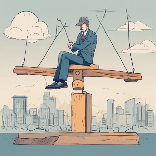 A fund manager in a top hat delicately balances the benefits (diversification, liquidity) and drawbacks (costs, risks) of unit trust investments on a seesaw.
