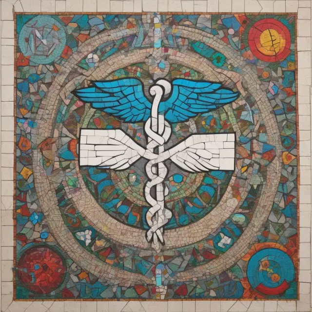 A mosaic image of intertwined symbols for different healthcare systems unified into one, emphasizing access and equality