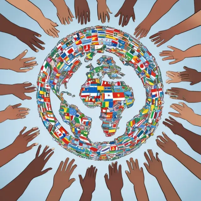 Flags symbolizing countries with different universal healthcare systems - required, single-payer, and national - forming a globe