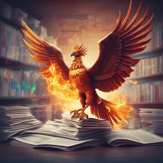 A Phoenix emerging from a pile of financial reports and medical charts, illustrating the profitability and stability in investing in countries with universal healthcare coverage
