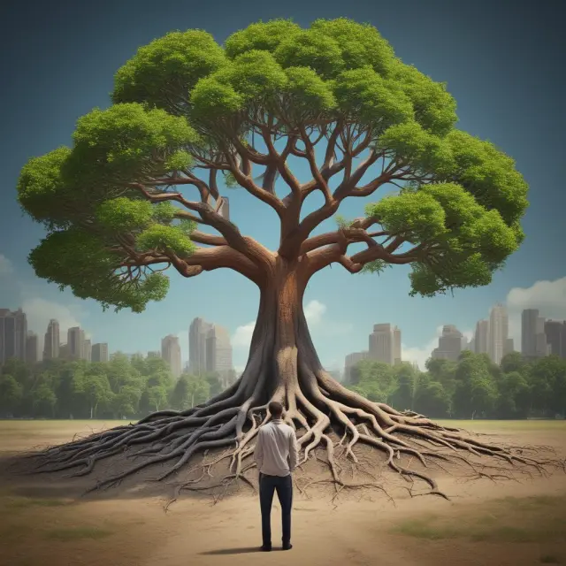 A healthy tree symbolizing economic growth, flourishing from the roots representing universal healthcare coverage