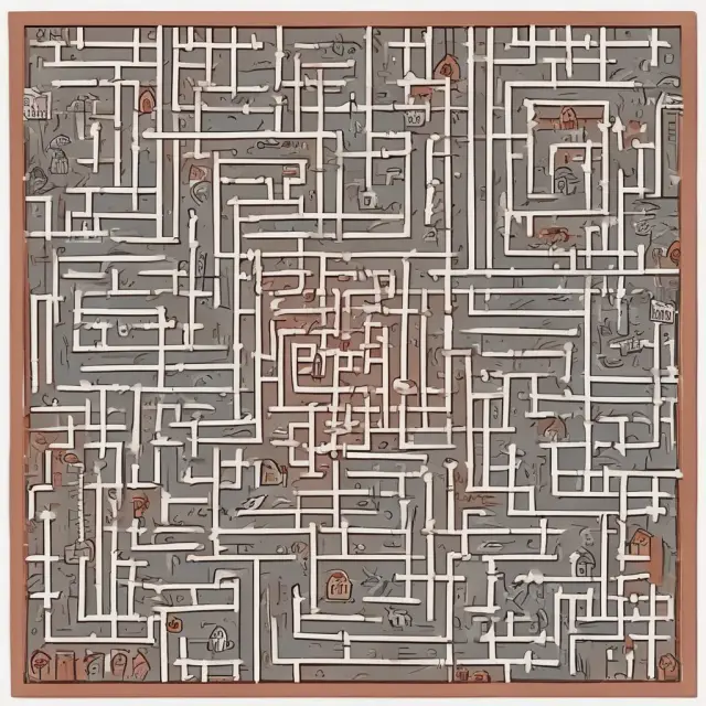 An intricate labyrinth illustrating the financial, administrative, political, ethical, and access challenges of implementing universal healthcare coverage