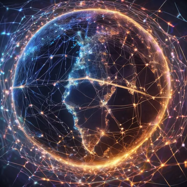 Globe connected by digital threads signifying global universal healthcare trends: digitalization, consolidation, aging population, PPPs