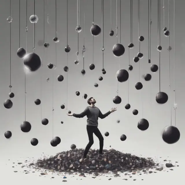 Person juggling several debt spheres, one fracturing due to universal default implications