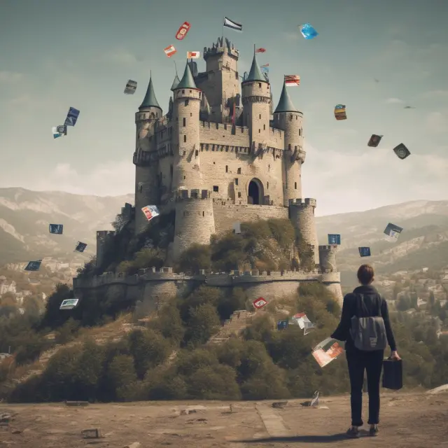 A consumer holding credit cards stands before a fortified castle wall, illustrating protection from universal default practices.